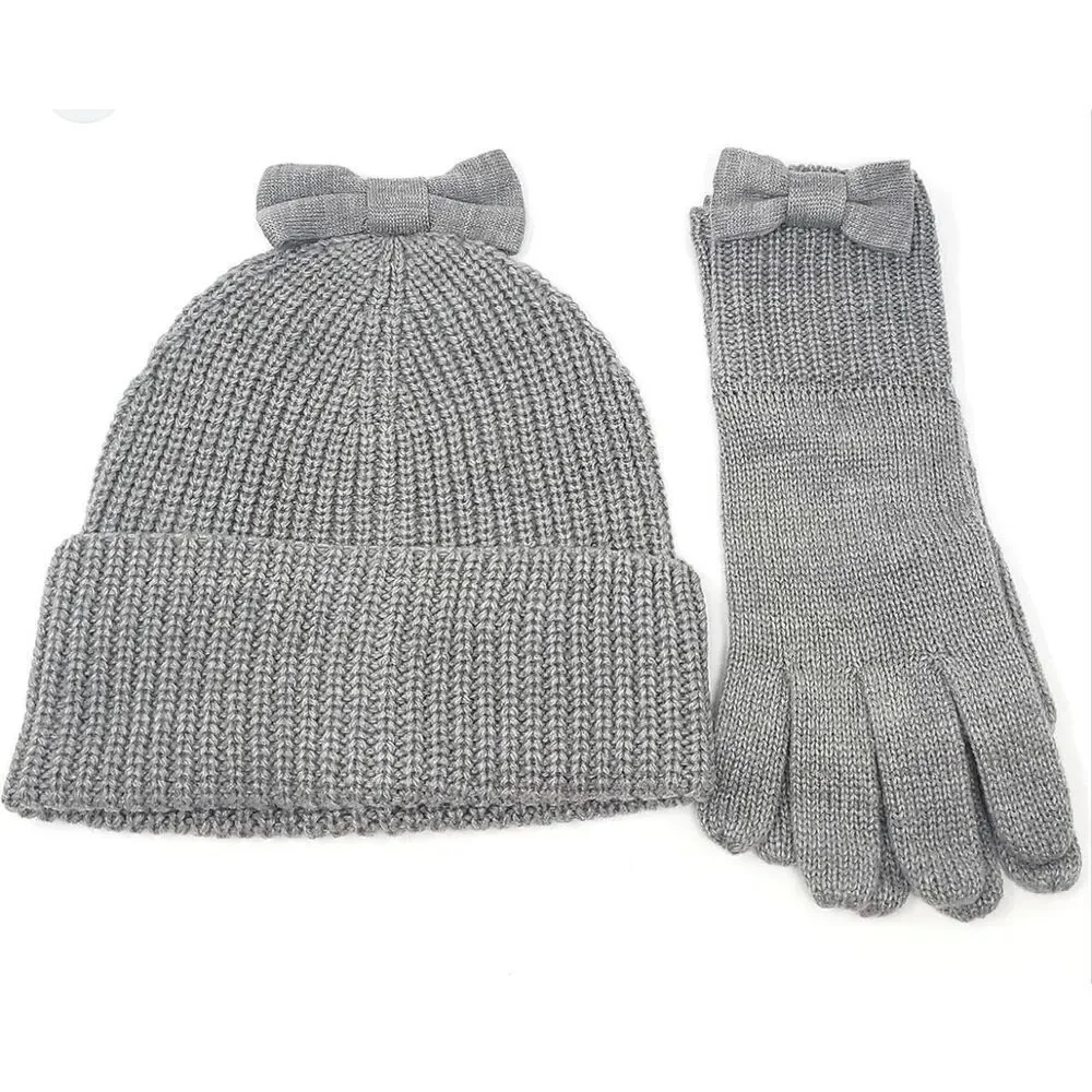 Kate Spade Gray Knit Dorothy Bow Beanie Hat & Gloves - Bow Fancy Warm GUC
